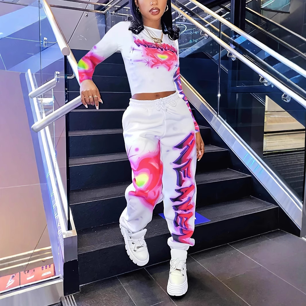 European and American Cross-Border 2025 Fashionable Sports and Leisure Printed Long-Sleeved Pants and Leggings Set