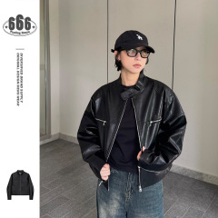 YUU小众设计师潮牌美式复古机车pu皮衣宽松朋克外套男女夹克W334