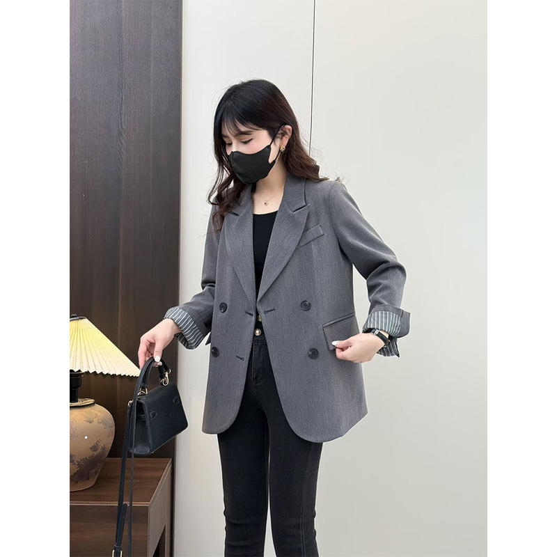 Grey Suit Jacket Women's 2025 Autumn New Double-breasted Casual All-match Design Sense Trendy Suit Top