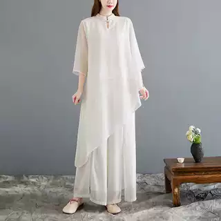 实拍 飘逸禅意茶服仙气2024夏季新款女装中式中国风白色雪纺套装