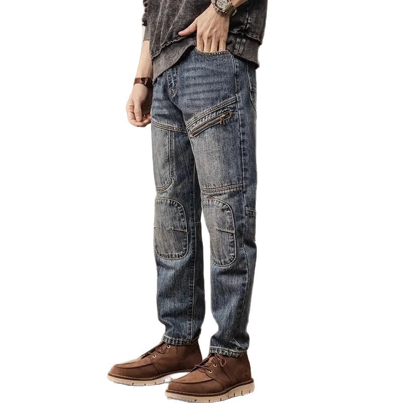 Men's Korean Style Workwear Jeans Loose Fit Retro Slim Harem Straight Pants mid Waist Autumn Winter Trendy Blue Jeans_mkmklike.com