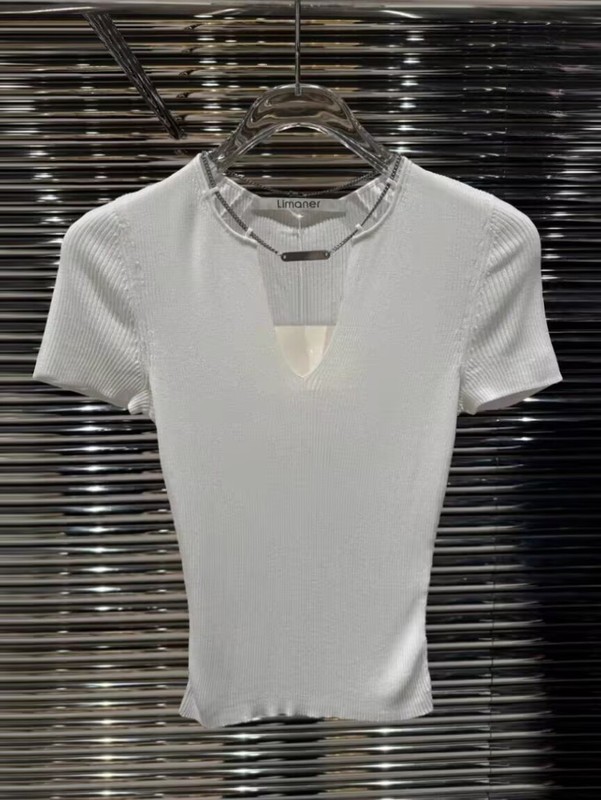 Limaner 2025 夏の新スリムトップ無地 V ネックショートウールセーターチェーン半袖 Tシャツ女性のための|undefined