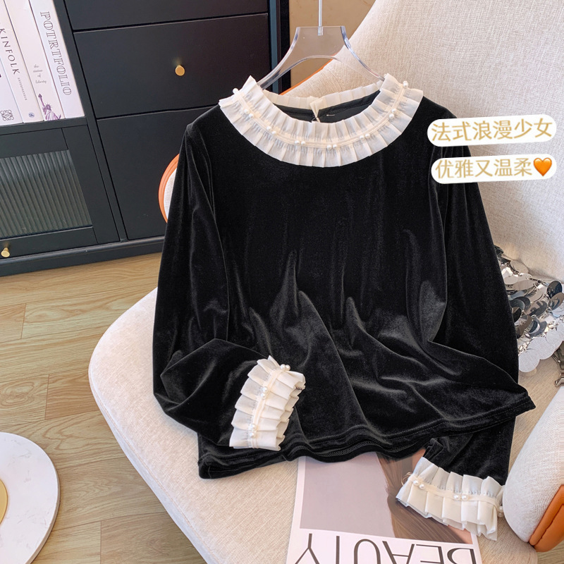 French style elegant lace black velvet undershirt Women's Spring and Autumn style puff sleeve top fashion