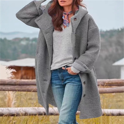 Hot-selling Autumn Women's Long-Sleeve Lapel Coat in Europe and America—Casual, Loose-Fit, with a Hood and Made of Wool Felt