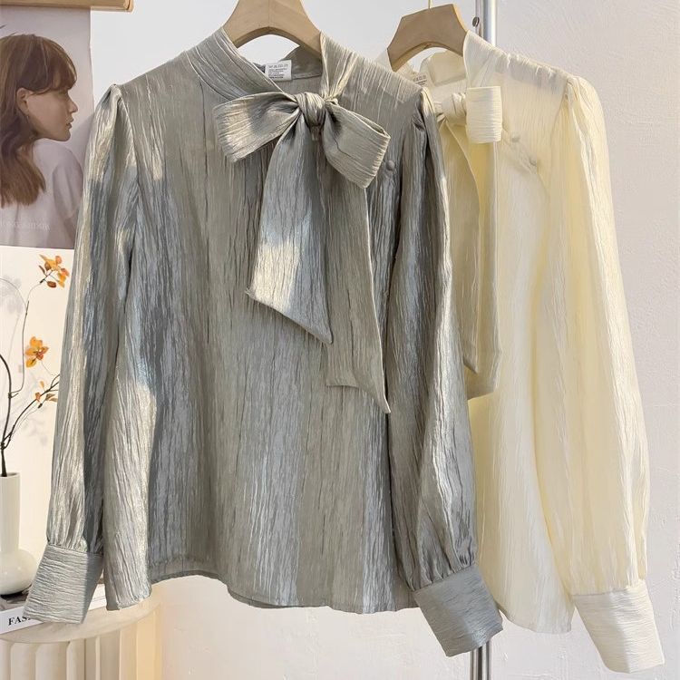 Elegant Bow-Tie Long-Sleeve Design Shirt 2025 New Spring Blouse French Style Gentle Tie-Up Top