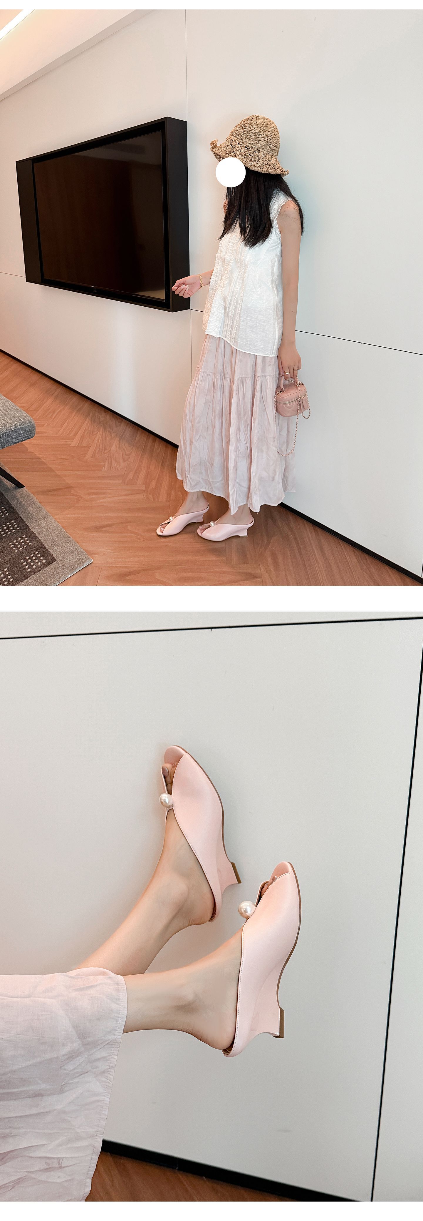 Sandal cao gót nữ hở mũi phong cách Chanel, gót xuồng 7 cm, quai ngang, đi biển hè — màu đen, màu hồng, màu trắng chi tiết 15