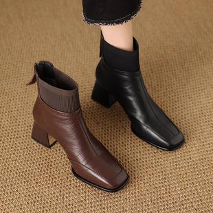 Brown Vintage Fashion Thick Heel Square Toe Short Boots 2024 Women's Autumn and Winter Mid-high Heel Knitted Wool Fashion Thin Boots
