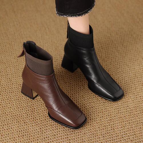 Brown Retro Fashion Thick Heel Square Toe Women's Winter Spring Knit Wool Boot Fashion Slim Boot