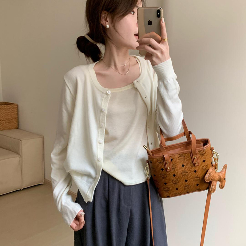 春秋季薄款小个子外搭长袖针织开衫上衣早秋chic红色毛衣短外套女|undefined