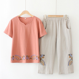 Summer Mom Short-Sleeved Two-Piece Suit Middle-Aged Women's Large Size Cotton Embroidered Fashion T-Shirt Middle-Aged and Elderly Style Tops