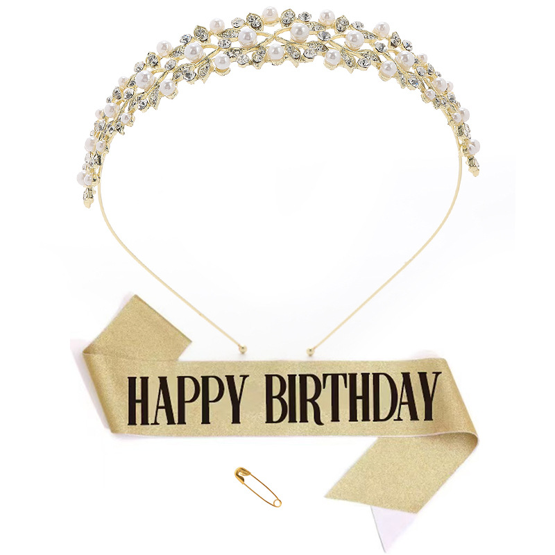 Golden crown+happybirthday golden black ribbon