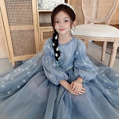 Elsa Princess Dress Spring and Summer Girls Children Elsa Shoulder Cape Dress Children Bubble Sleeve Net Dress Gown Birthday
