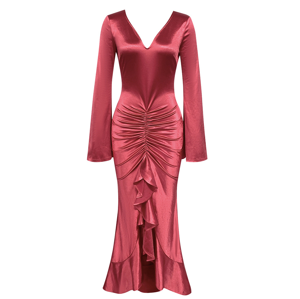 V neck Pleated Irregular Asymmetric Design Long Sleeve Dress Dinner Dress