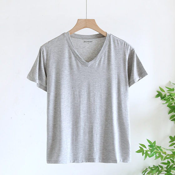 Modal Short-sleeved Men's Large Elastic Summer Thin All-match Sweater Solid Color Casual Simple plus size V-neck Base Shirt