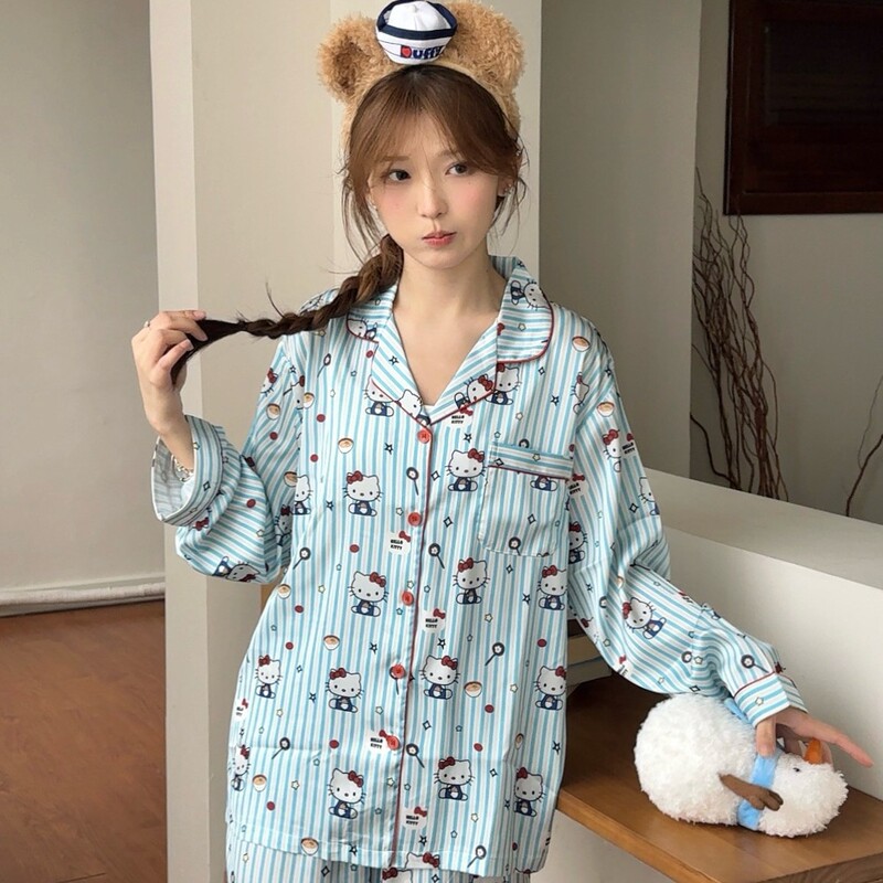 Summer Noodle HelloKitty Ice Silk Long Sleeve Pajamas Couple suit Cartoon Cute Lapel Cardigan Home Clothes