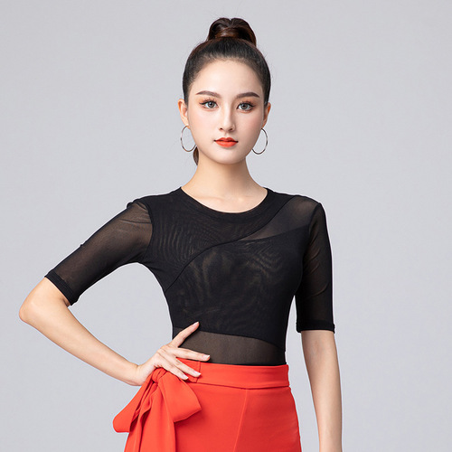 Latin dance clothes tops for women with crotchless new dance clothes mesh national standard body practice clothes with mid-sleeves