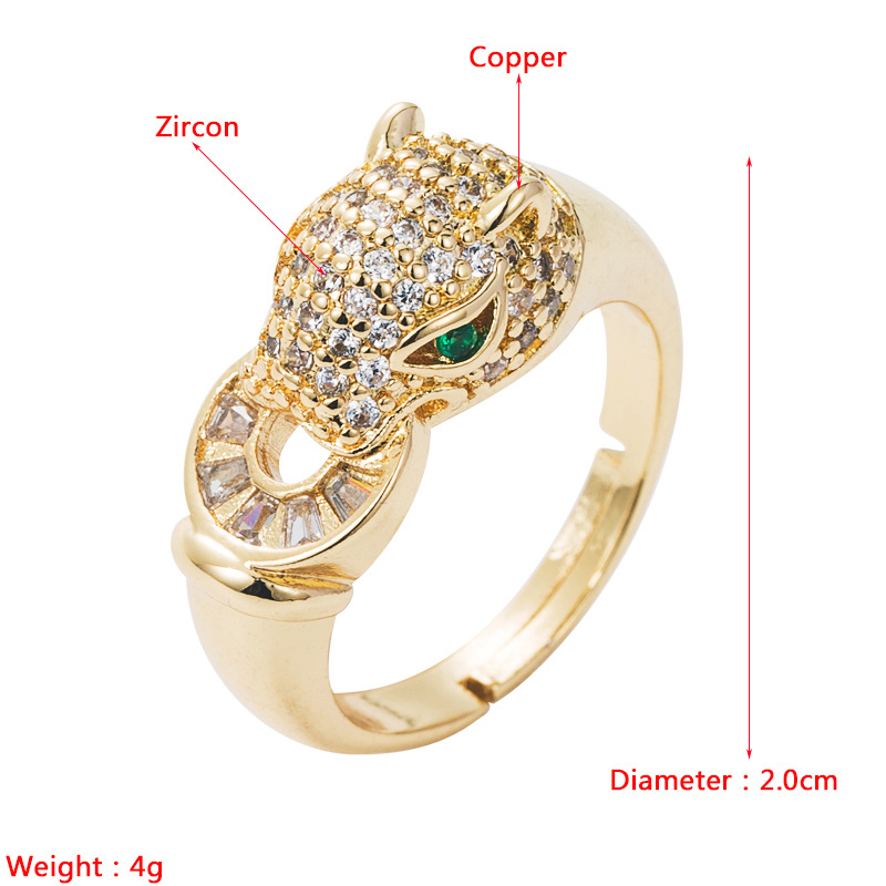 Fashion Copper Gold-plated Micro-inlaid Zircon Eyes Leopard Head Ring display picture 1