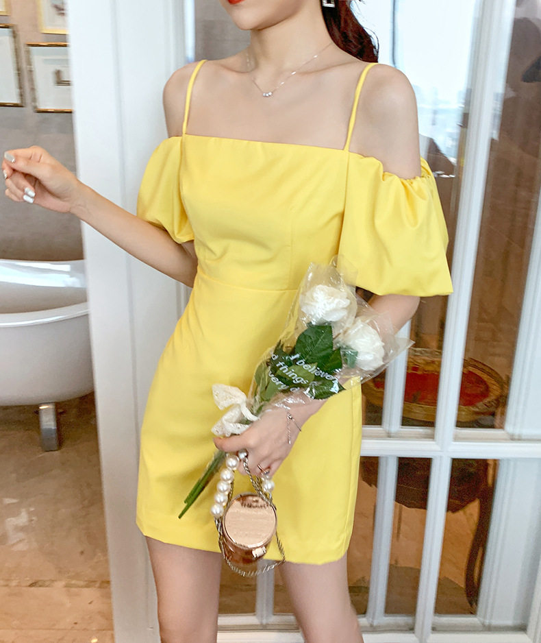 Đầm suông nữ cổ yếm tay phồng hở vai phong cách hiện đại — Màu vàng chi tiết 12