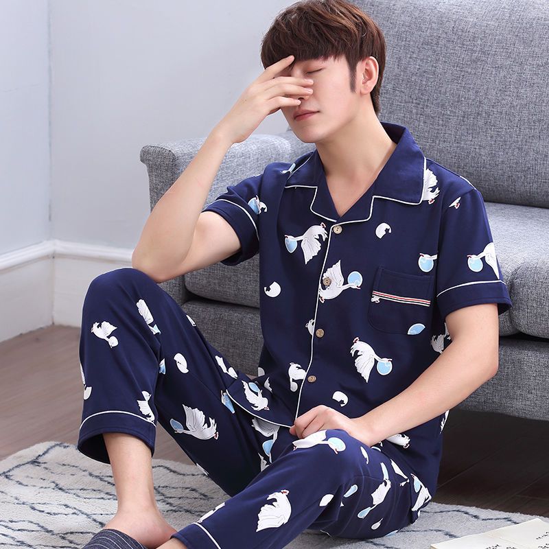 Pijama de algodón 100% de primavera y verano de los hombres pantalones de manga corta cardigan Delgado de los hombres de primavera y otoño de manga corta ropa para el hogar