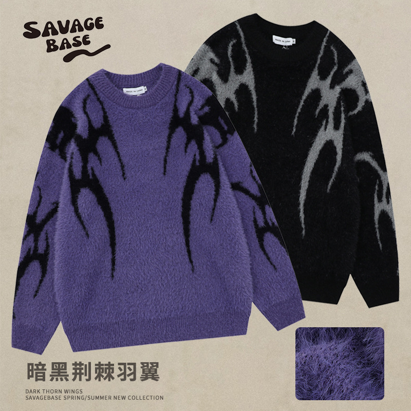 Wildman Base Men's Clothing Original Trendy Brand Dark Thorn Wings Jacquard Autumn and Winter Soft Imitation Mink Knitwear Cool