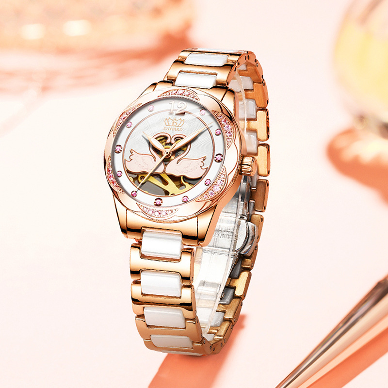 Daybird New Women's Mechanical Watch Swan Automatic Skeleton Stainless Steel Ceramic Diamond-Encrusted Direct Sales from the Manufacturer