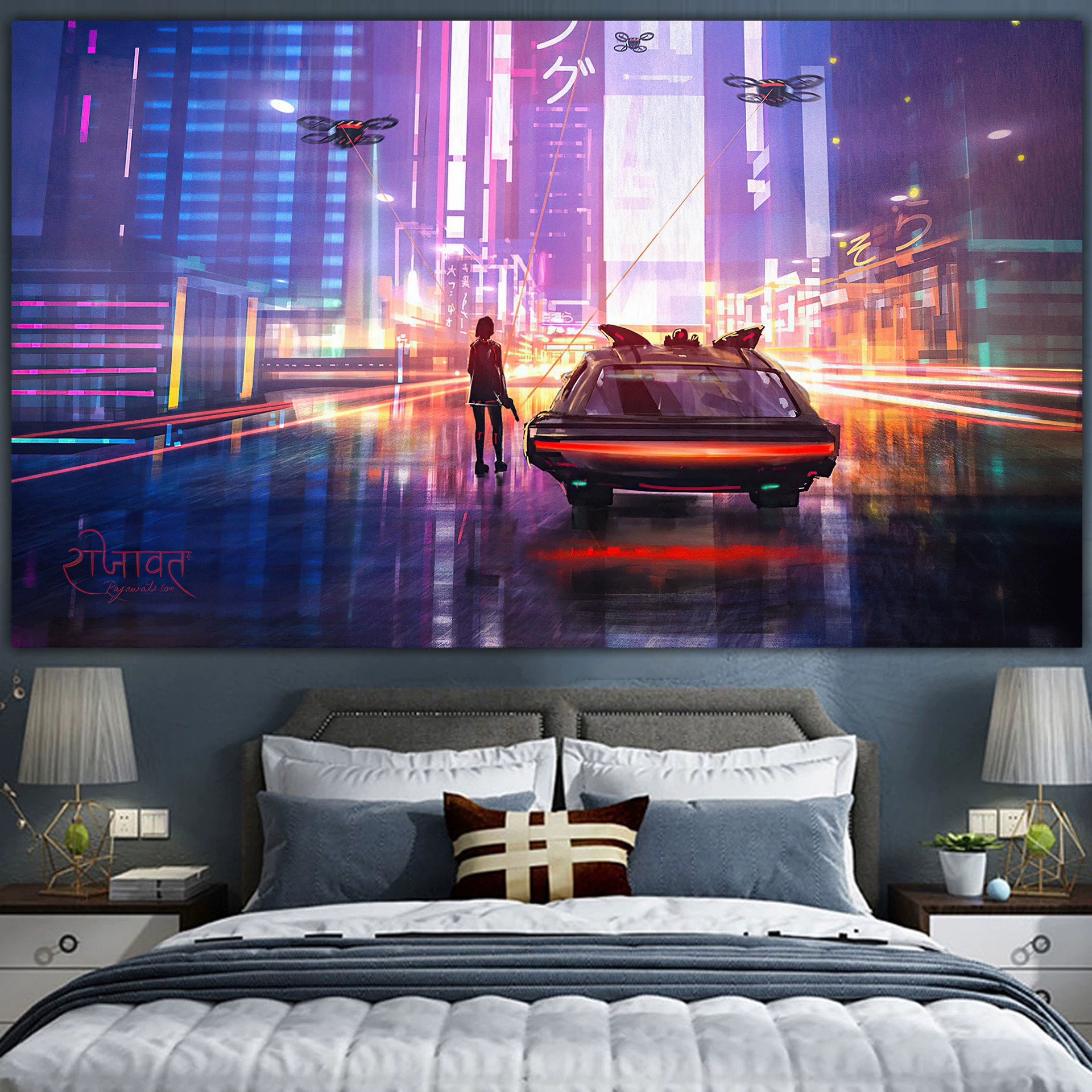 Постер cyberpunk неоновый город, размеры 38×65 см, 85×155 см, 110×200 см