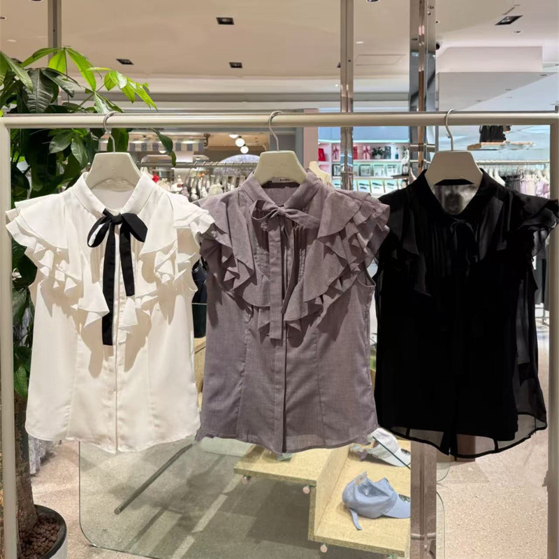 Japanese Sweet Style 2025 Early Autumn Bow Tie Stand Collar Ruffled Flutter Sleeve Shirt Two-Piece Set for Women
