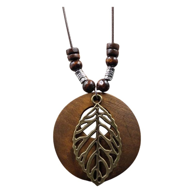 Cross-Border Amazon New Retro Cotton and Linen Accessories Ethnic Style Wooden Long Women's Sweater Chain Alloy Leaf Necklace