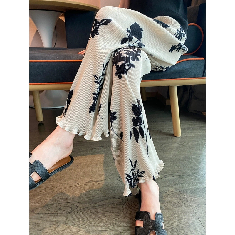 Issey Miyake, высококачественные плиссированные универсальные повседневные брюки для женщин, нишевые прямые длинные брюки с принтом, утягивающие драпированные широкие брюки с высокой талией