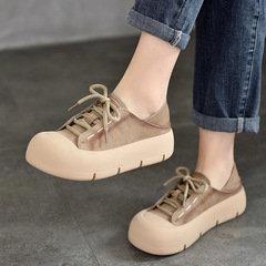 休閒單鞋女鞋真皮厚底圓頭系帶百搭鞋2024春夏新款復古軟底低幫鞋