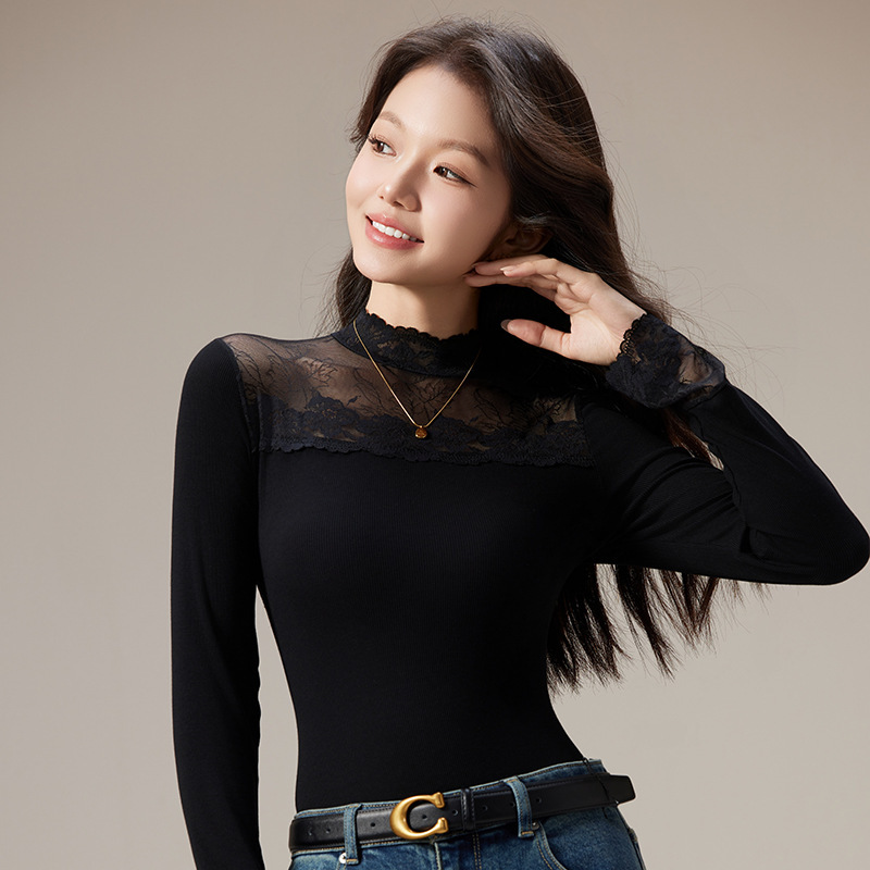 Lace Top Women's Long-Sleeved 2025 Autumn and Winter New Large Size Women's Half Turtleneck Mesh Inner Layering Shirt Western Style Shirt