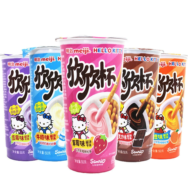 Шоколадные печенья Snack Meiji Xinxin Cup с соусом для окунания, чашка 50 г, ассорти молочный/шоколадный/клубника/йогурт