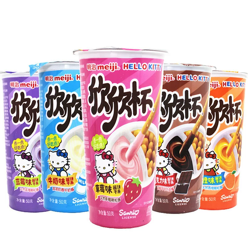 Шоколадные печенья Snack Meiji Xinxin Cup с соусом для окунания, чашка 50 г, ассорти молочный/шоколадный/клубника/йогурт