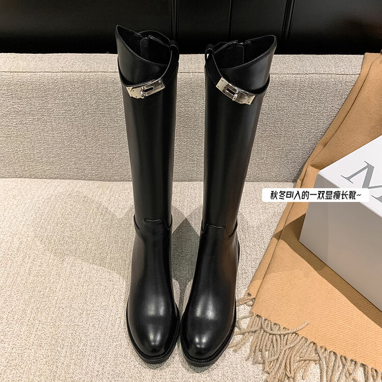 First-Layer Cowhide Lock Knight Boots for Women 2025 Autumn and Winter New Style Large Tube Genuine Leather Over-The-Knee High Boots Large Size