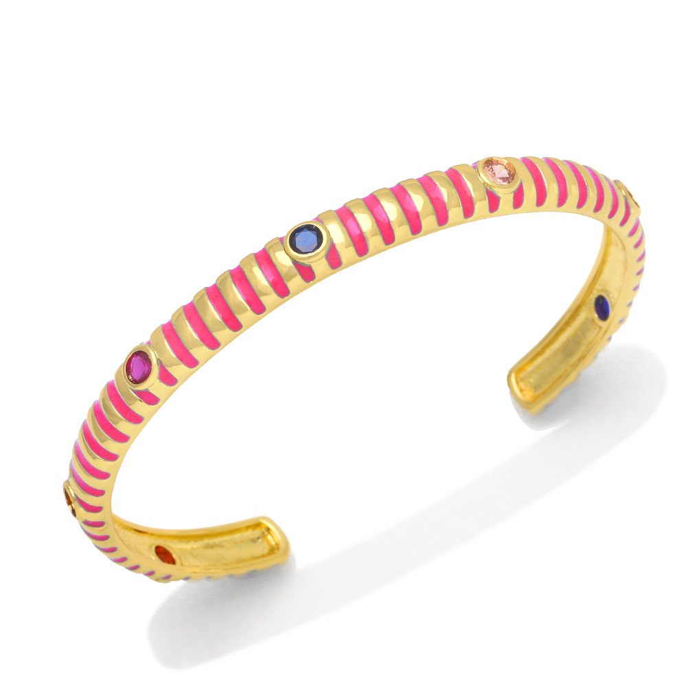 Fashion Simple Female Bohemian Multicolor Zircon Drop Oil Open-Ended Copper Bracelet