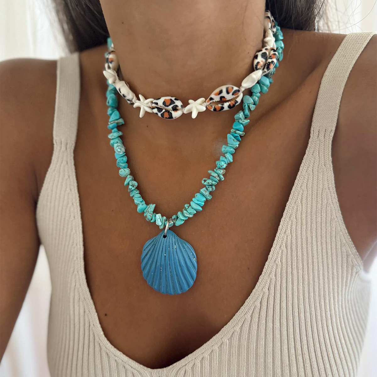 Blue Shell Layered Necklace For Summer Vacation Style_voghion.com