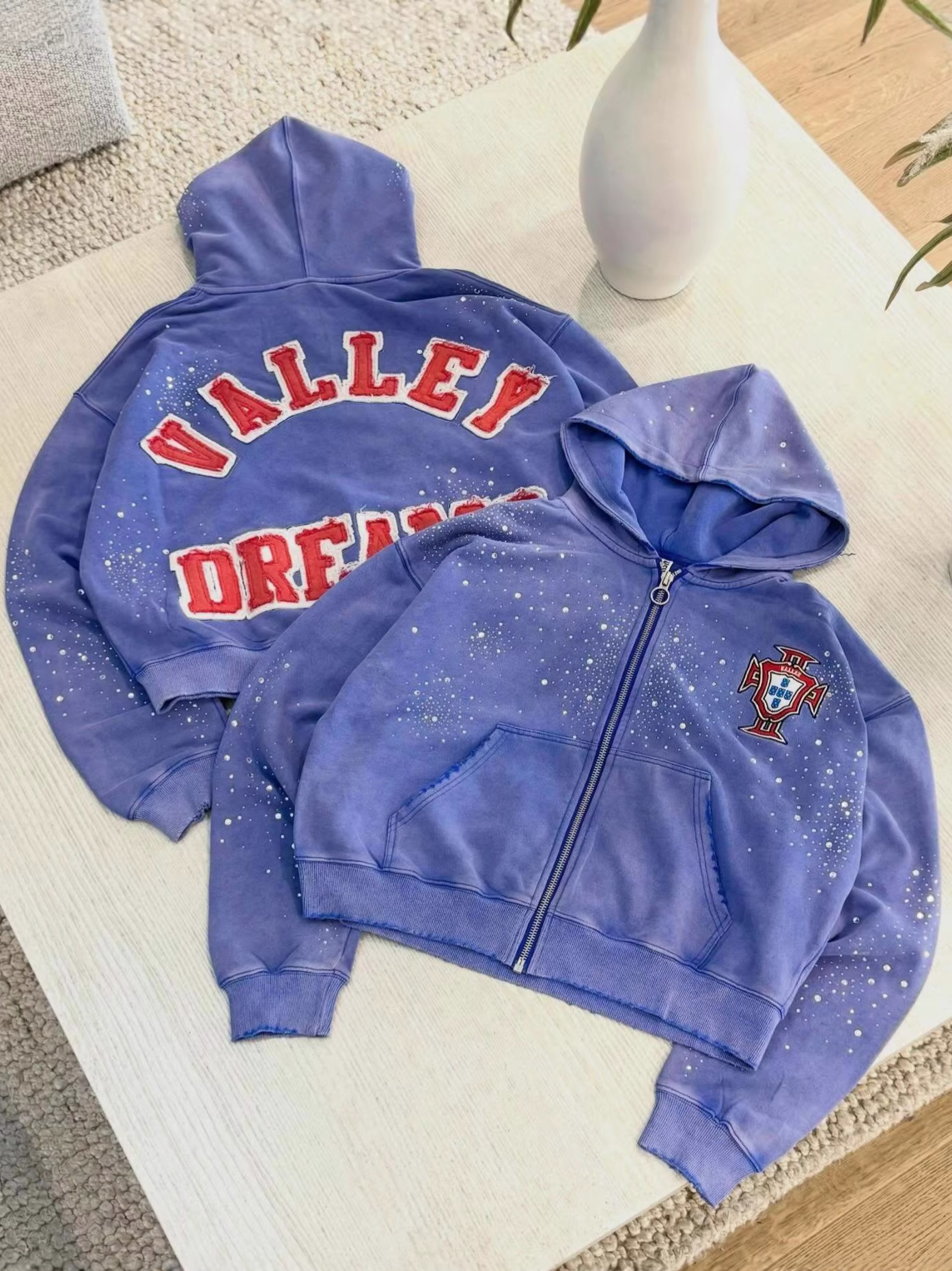 Unbranded Valley Dreams Rhinestone Applique Zip Up Hoodie Washed Purple