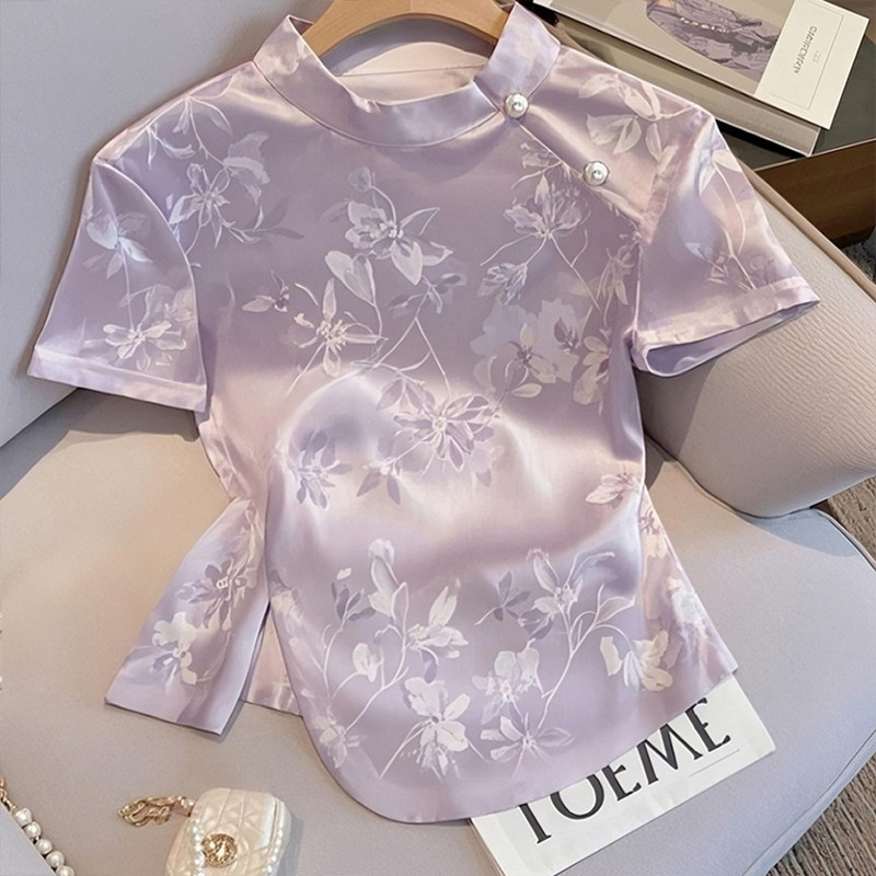 新しい中国風のハイエンド国民風スリムジャカード半袖シャツ女性用-2025夏ニッチユニークな右肩Tシャツトップ|undefined