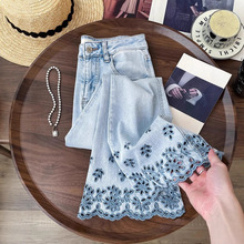 复古刺绣镂空牛仔阔腿裤女夏季薄款2025新款高腰显小个子直筒裤子