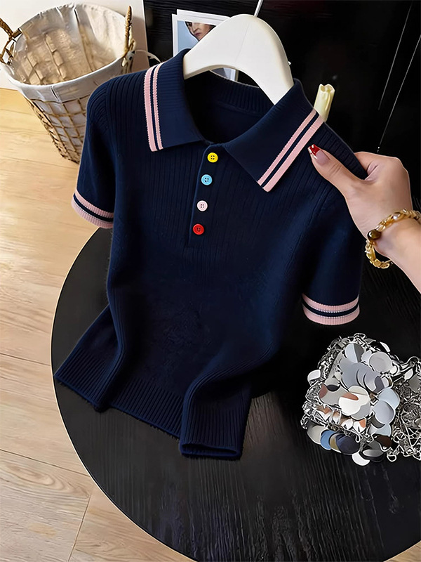 Áo thun polo nữ tay ngắn phong cách Hàn Quốc cổ bẻ thiết kế đẹp — Xanh navy