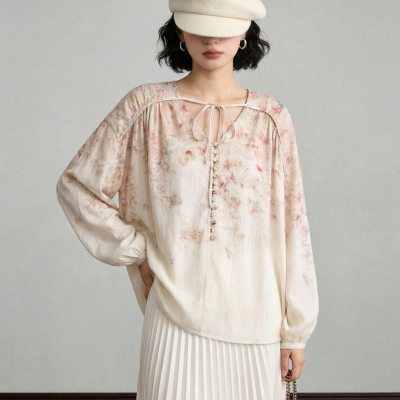 French Romantic Rose Print Lantern Sleeve Loose Shirt Top Women's 2026 Early Spring New Style Shirt