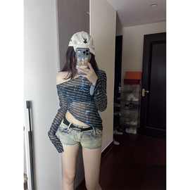 美式不规则露肩微透网纱长袖T恤女秋冬季修身显瘦内搭外穿上衣服