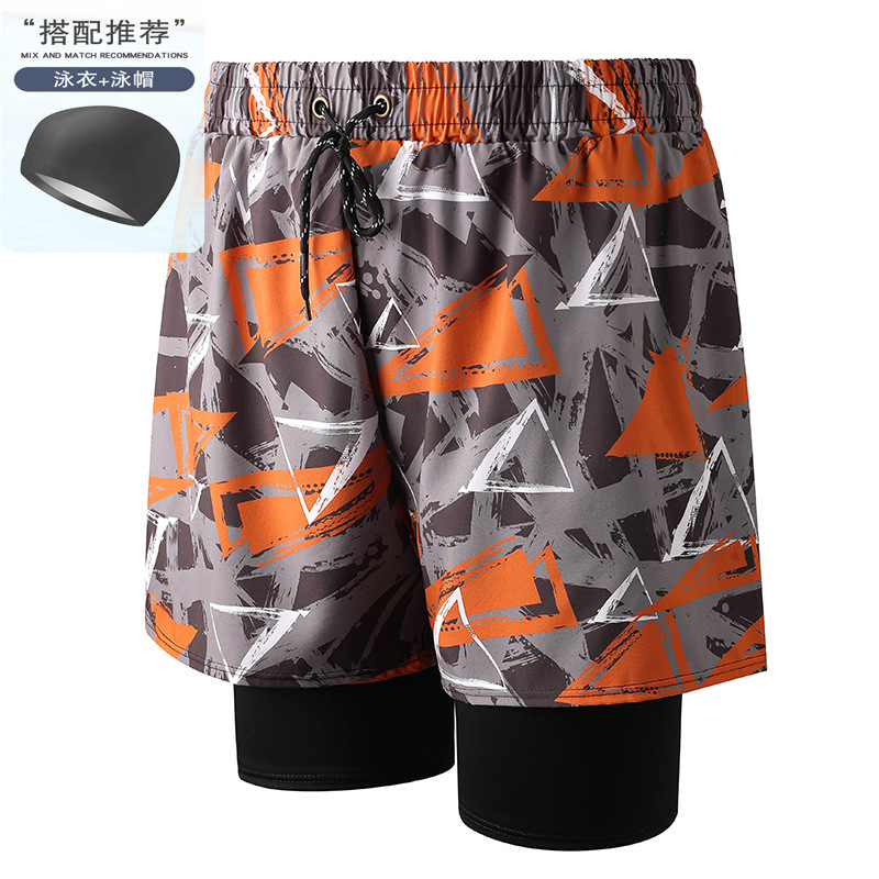 Orange gray 001-3 men's swimming trunks with swimming cap