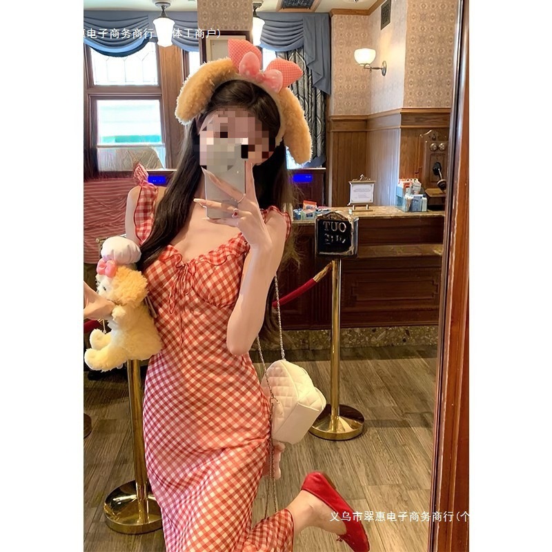 【原版做法＋内里】甜美法式红色格子吊带连衣裙子女度假风鱼尾长