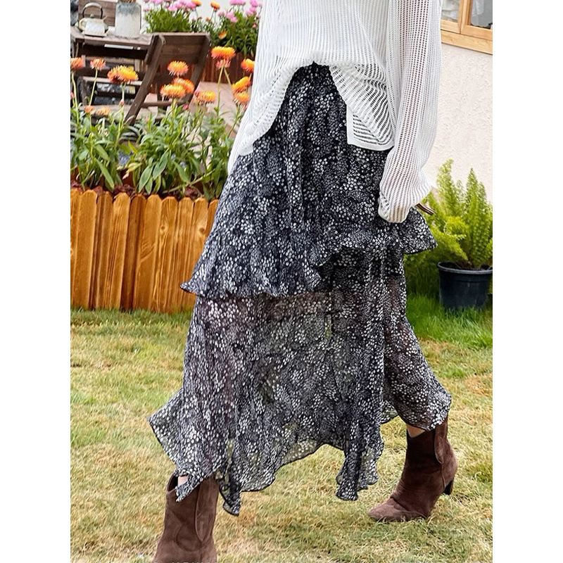 Летняя тонкая юбка с цветочным принтом 2025, новая длинная юбка из шифона с листьями лотоса, высокая талия, средняя длина, с разрезом