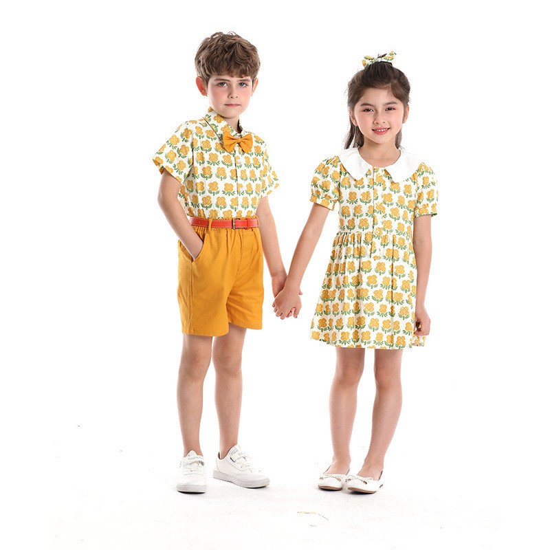 Impresión pastoral de verano con solapa camisa de mangas cortas para niños pantalones cortos dos piezas set coreano para niños y niñas show dress set
