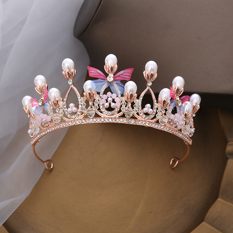 Children's Alloy Crown Butterfly Princess Performance and Show Updo Hair Accessories Model Catwalk Crystal Headband Bridal Headdress