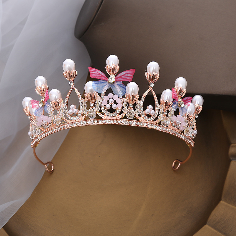 Kid'S Gender Inlay Design Fashion Crown Butterfly Metal Inlay Artificial Pearls Rhinestones Crown