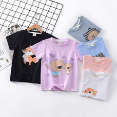 Summer 2024 New Korean Style Children's Short Sleeve Bear Print Girls' Short Sleeve Top Ice Porcelain Cotton Letter Boys' T-shirt