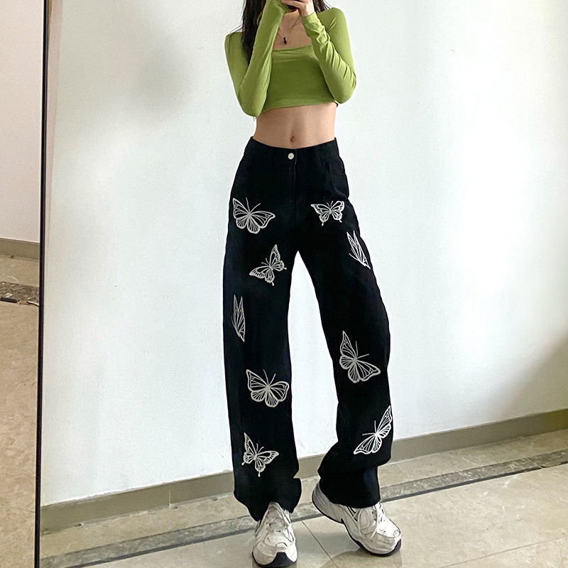Butterfly print denim pants